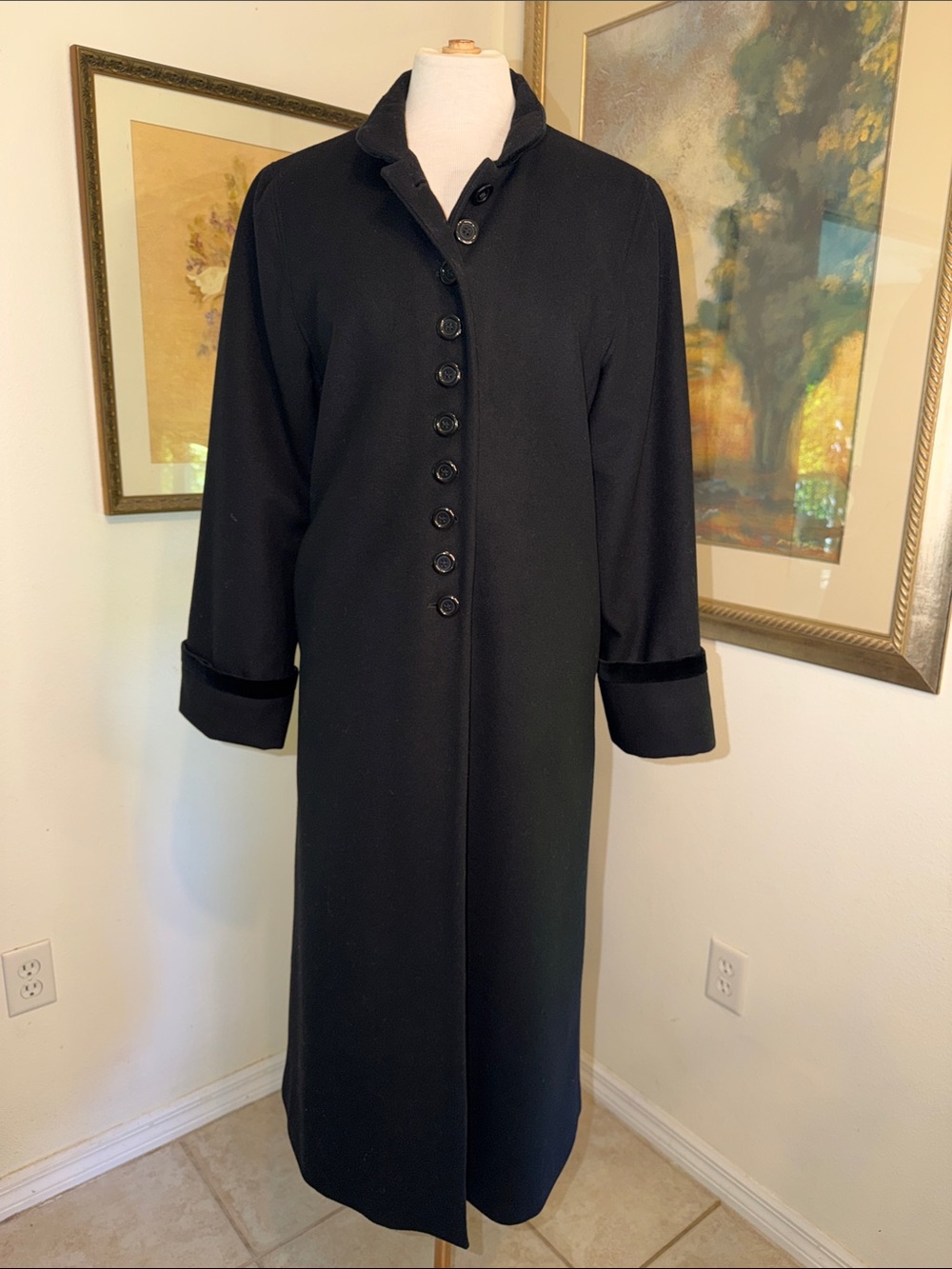 COAT - Harve Benard Vintage Black Full Length Wool Coat w/Velvet Trim Size 12P